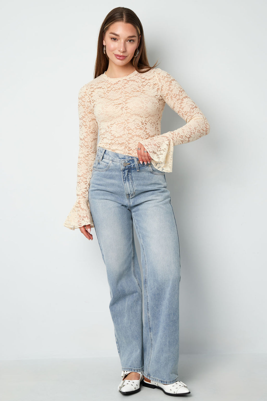 Geweven Polyester Lange Mouwen Tops Elegante Kanten Panel