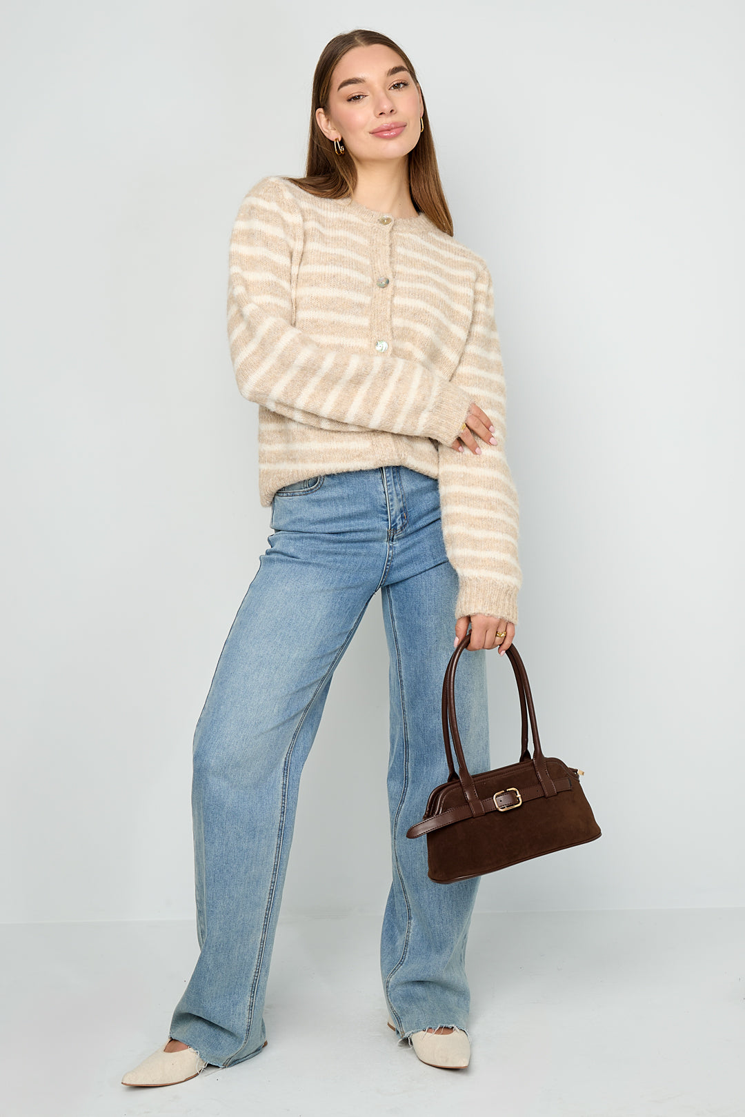 Striped Knitted Women's Cardigan with Wool | Loose Fit