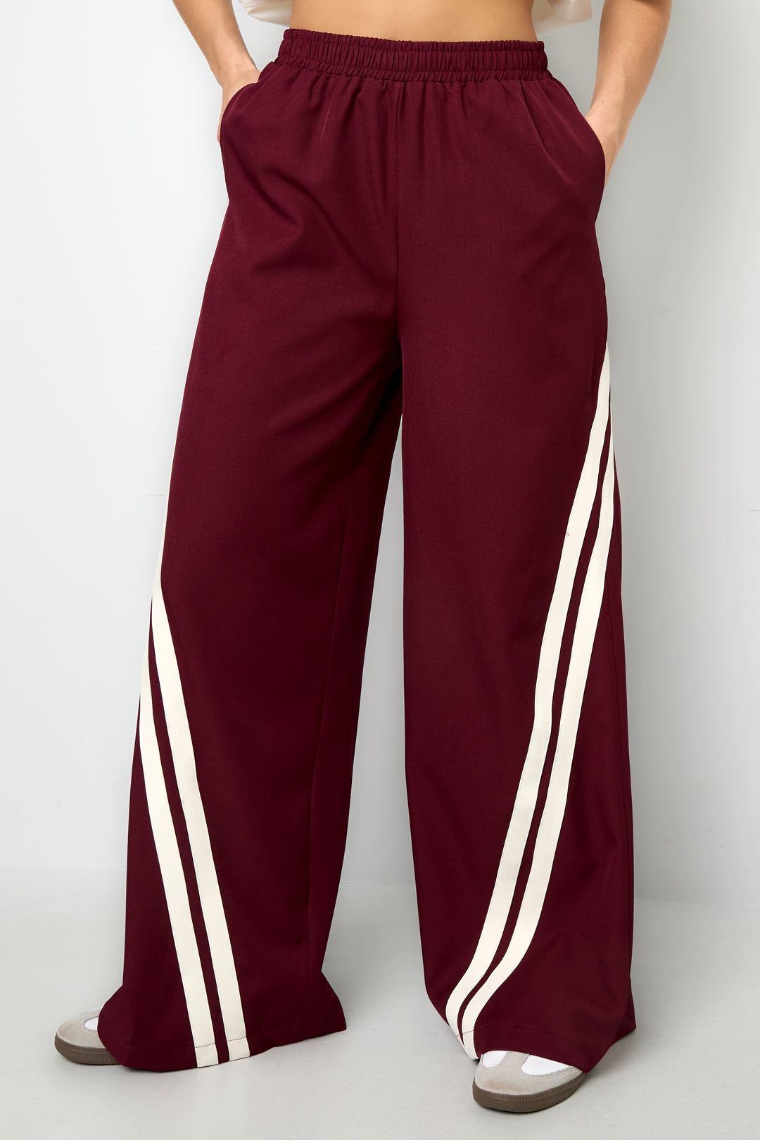 Geweven Polyestervezel Vrouwen Rechte Broek Sportief Contrasterende Strepen