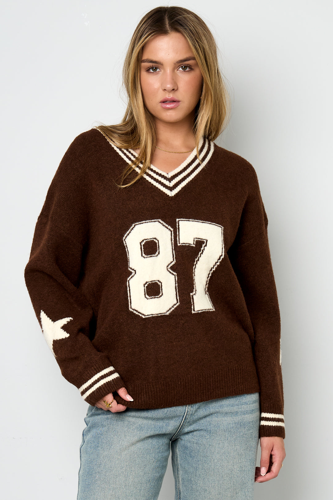Gebreide Polyestervezel Vrouwen V-hals Trui Casual Kleurcontrast