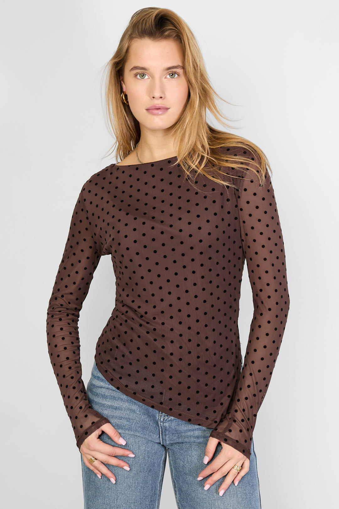 Woven Polyester Fiber Vrouwen Lange Mouwen Tops Elegant Polka Dots