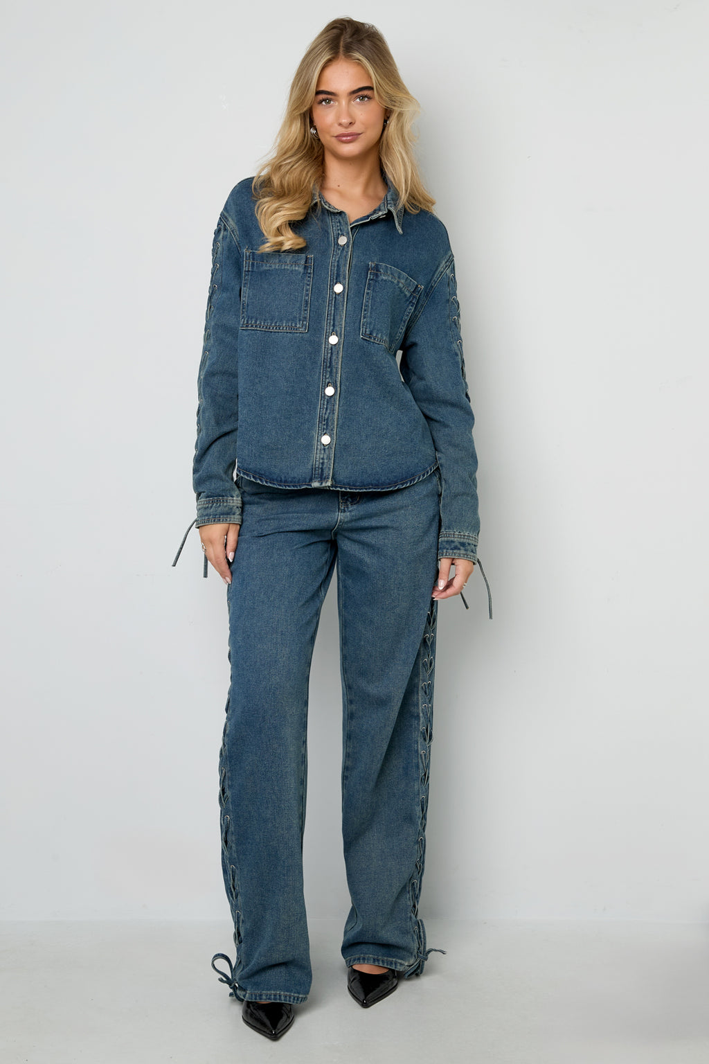 Geweven Katoen Vrouwen Rechte Broek Met Sluiting Casual