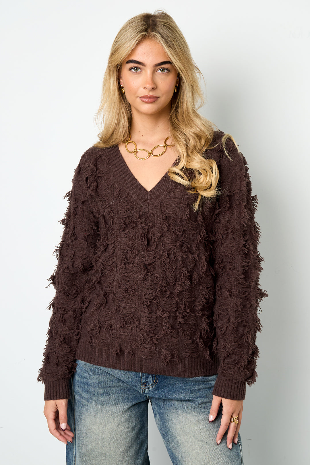 Gebreide Polyestervezel Vrouwen V-hals Trui Casual Effen Kleur