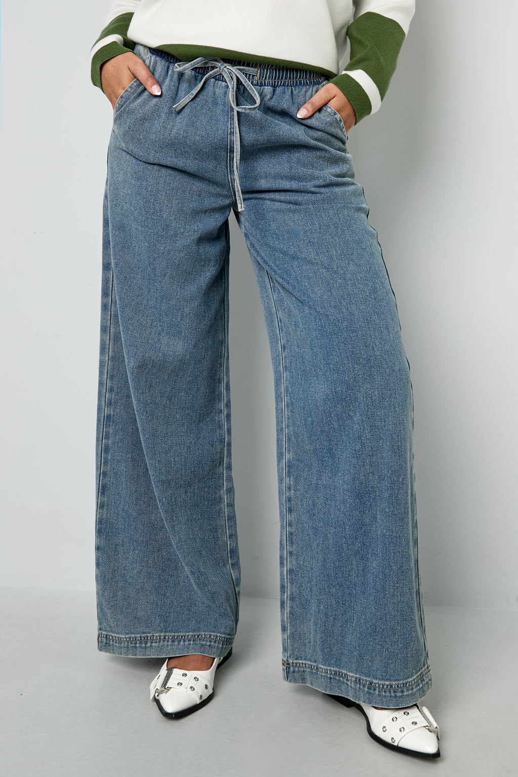 Geweven Katoen Vrouwen Wide Leg Jeans Sporty Solide Kleur