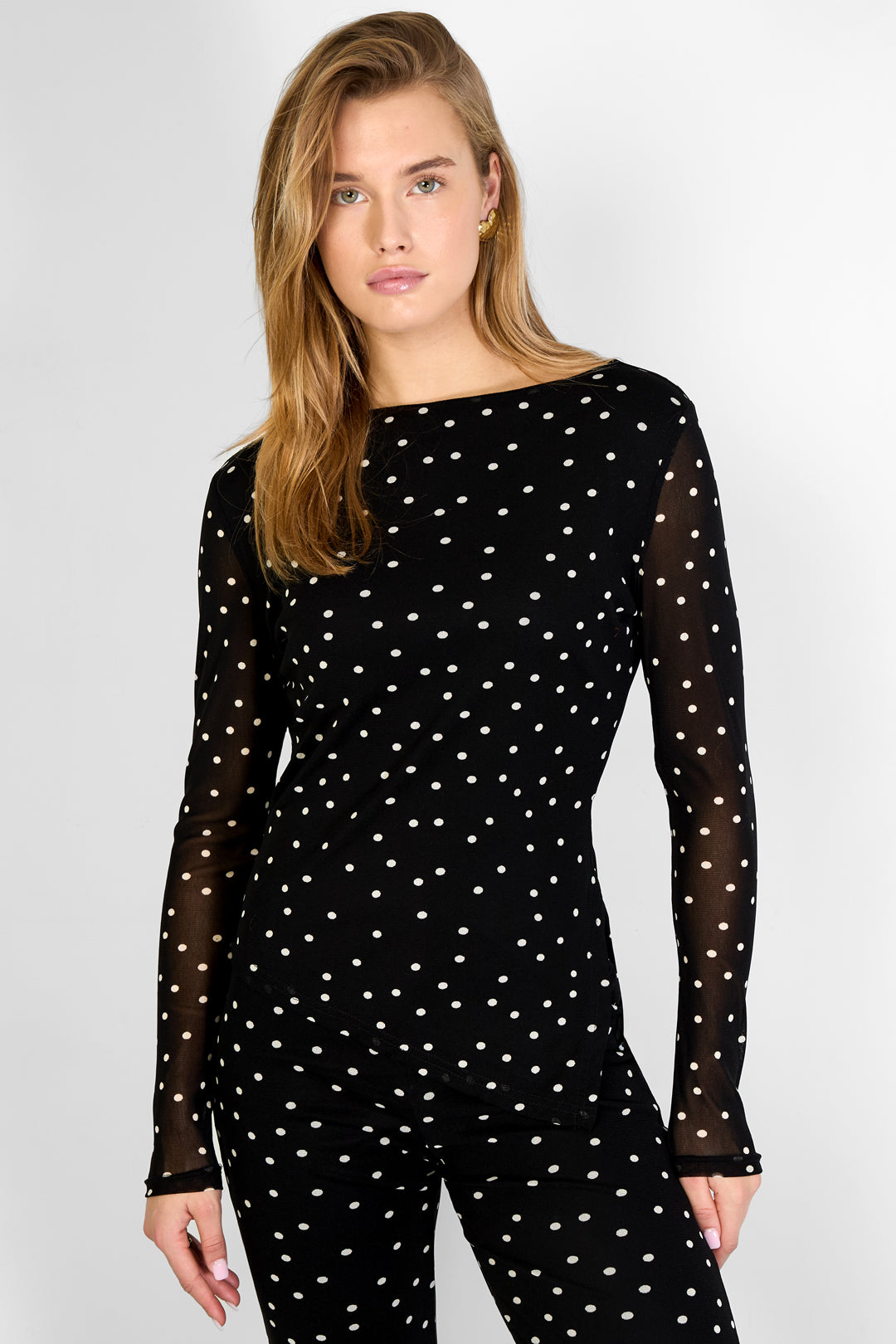 Woven Polyester Fiber Vrouwen Lange Mouwen Tops Elegant Polka Dots