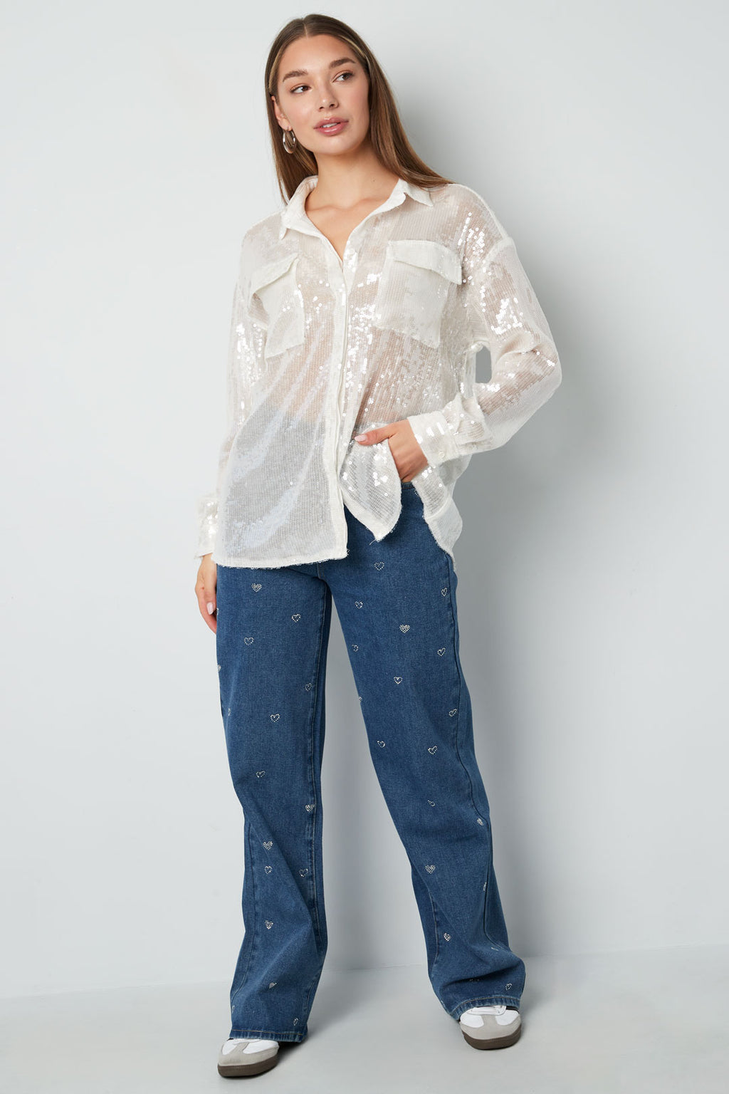 Cotton Woven Vrouwen Rechte Jeans Hart Borduurwerk Casual