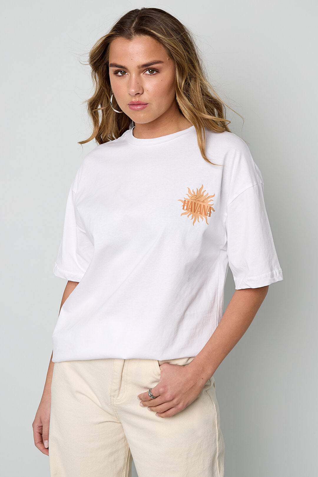 Havana T-Shirt | Katoen | Wit, Oranje & Roze | S t/m XL