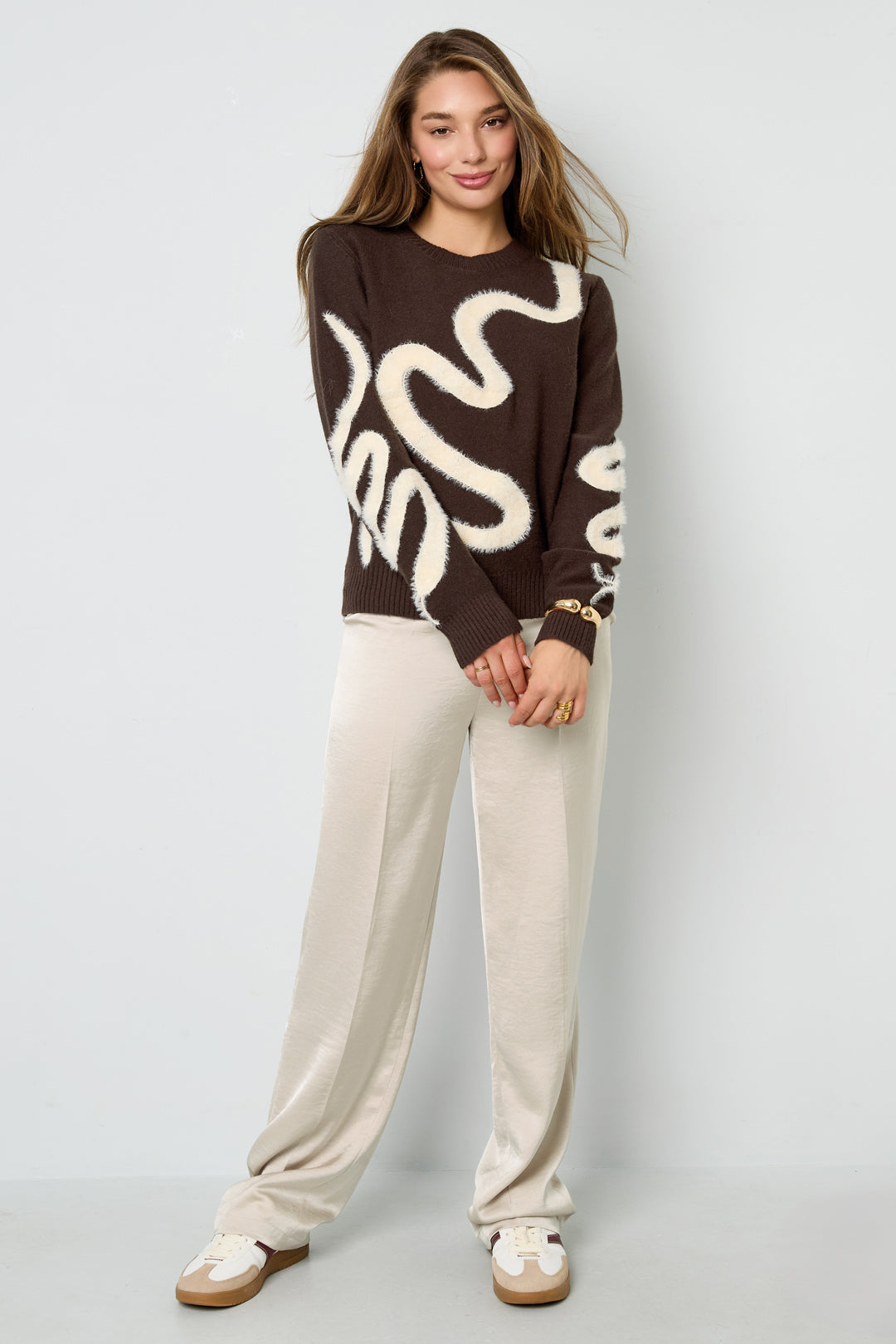 Gebreide Polyestervezel Vrouwen Soft Swirl Trui Casual Kleurcontrast