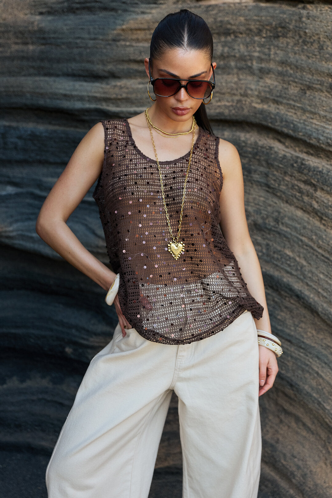 Gehaakte strand top met glittter detail