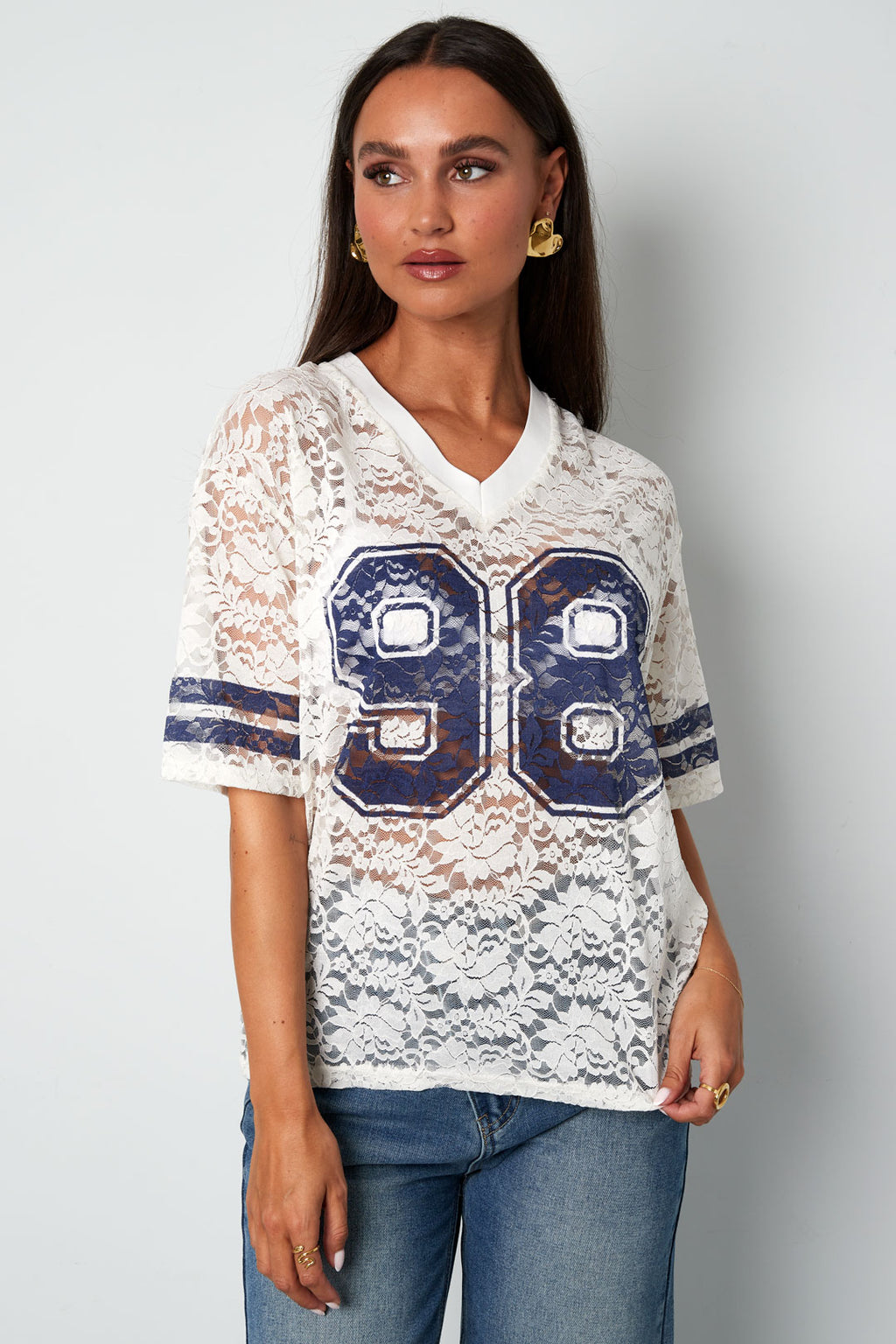 V-hals kant Amerikaans T-shirt