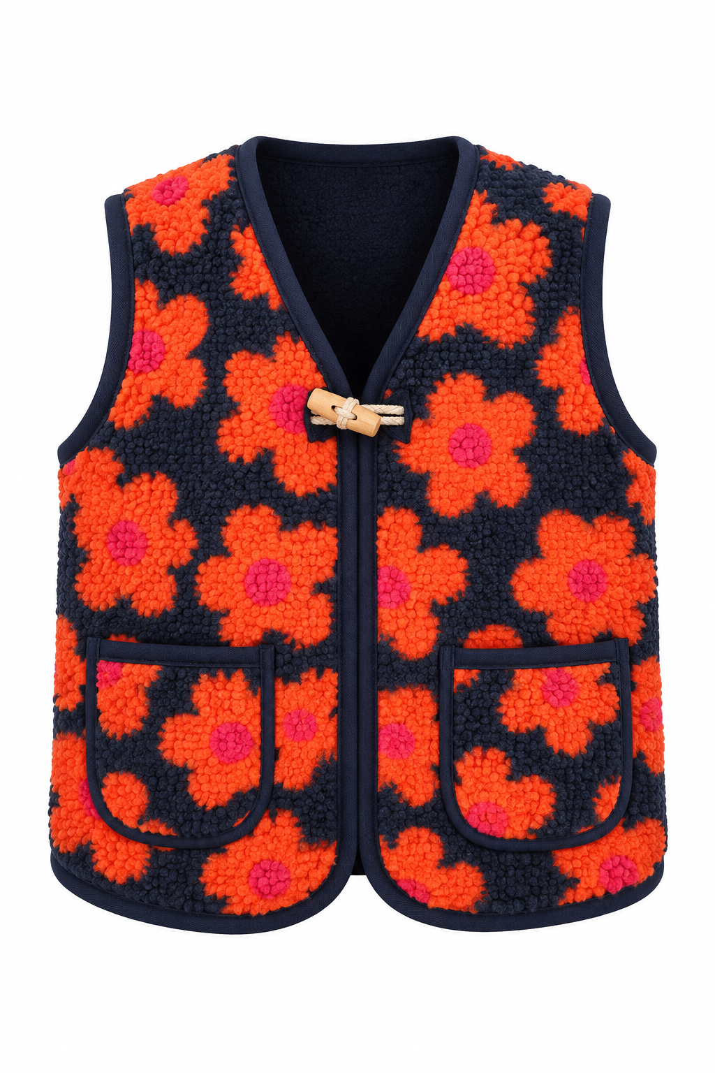 Gilet Harper met marineblauwe achtergrond en koraalkleurige bloemen, ghostmannequin vooraanzicht