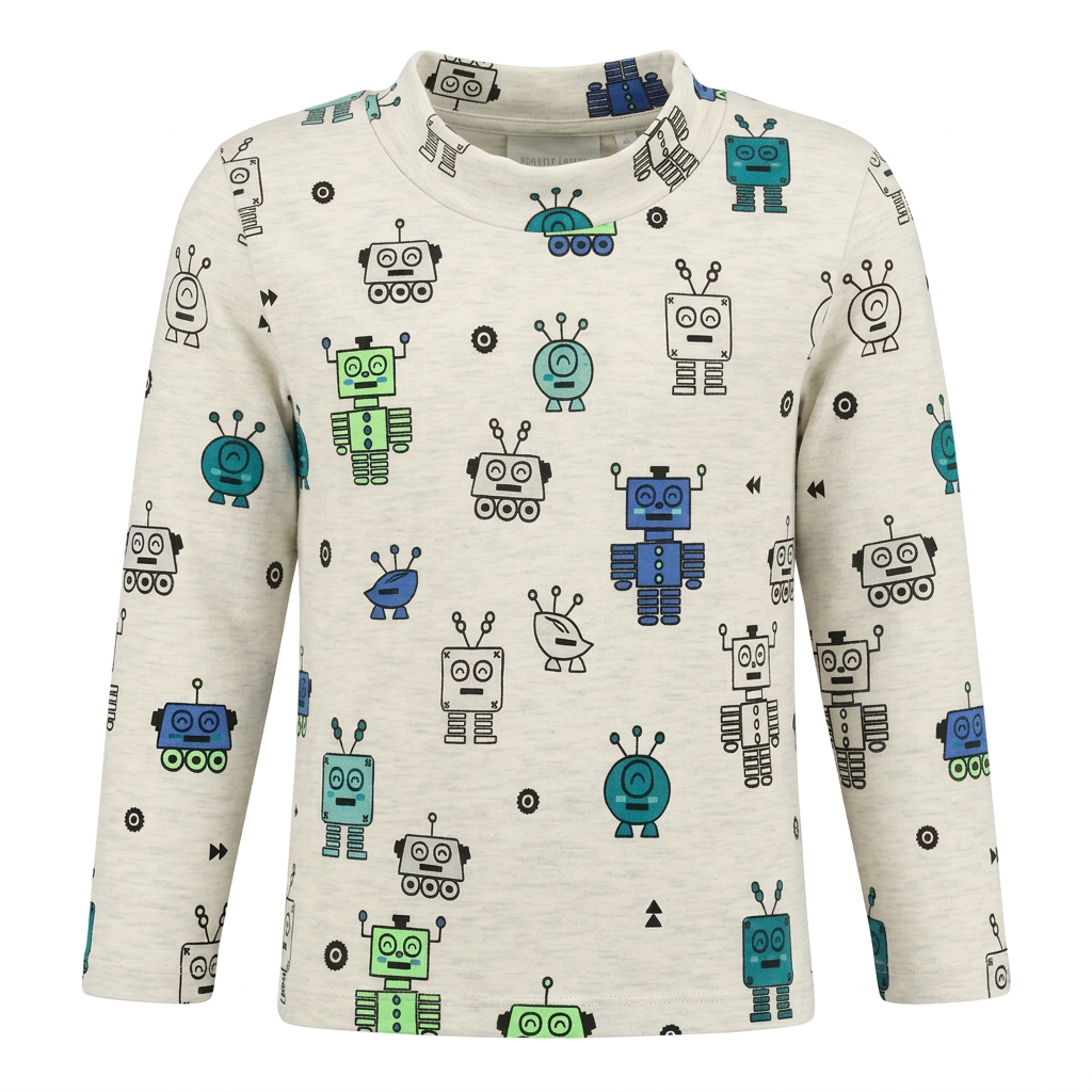 Long sleeve Max met neon robotsprint in Offwhite, ghost mannequin met soepel opstaande halsboord