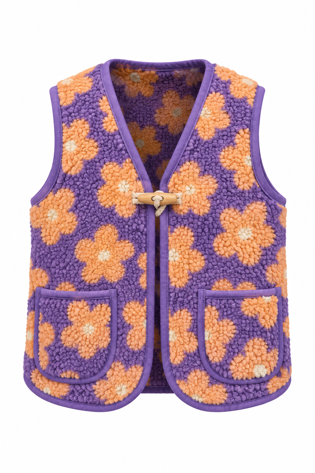 Gilet Harper met lila achtergrond en abrikooskleurige bloemen, ghostmannequin vooraanzicht