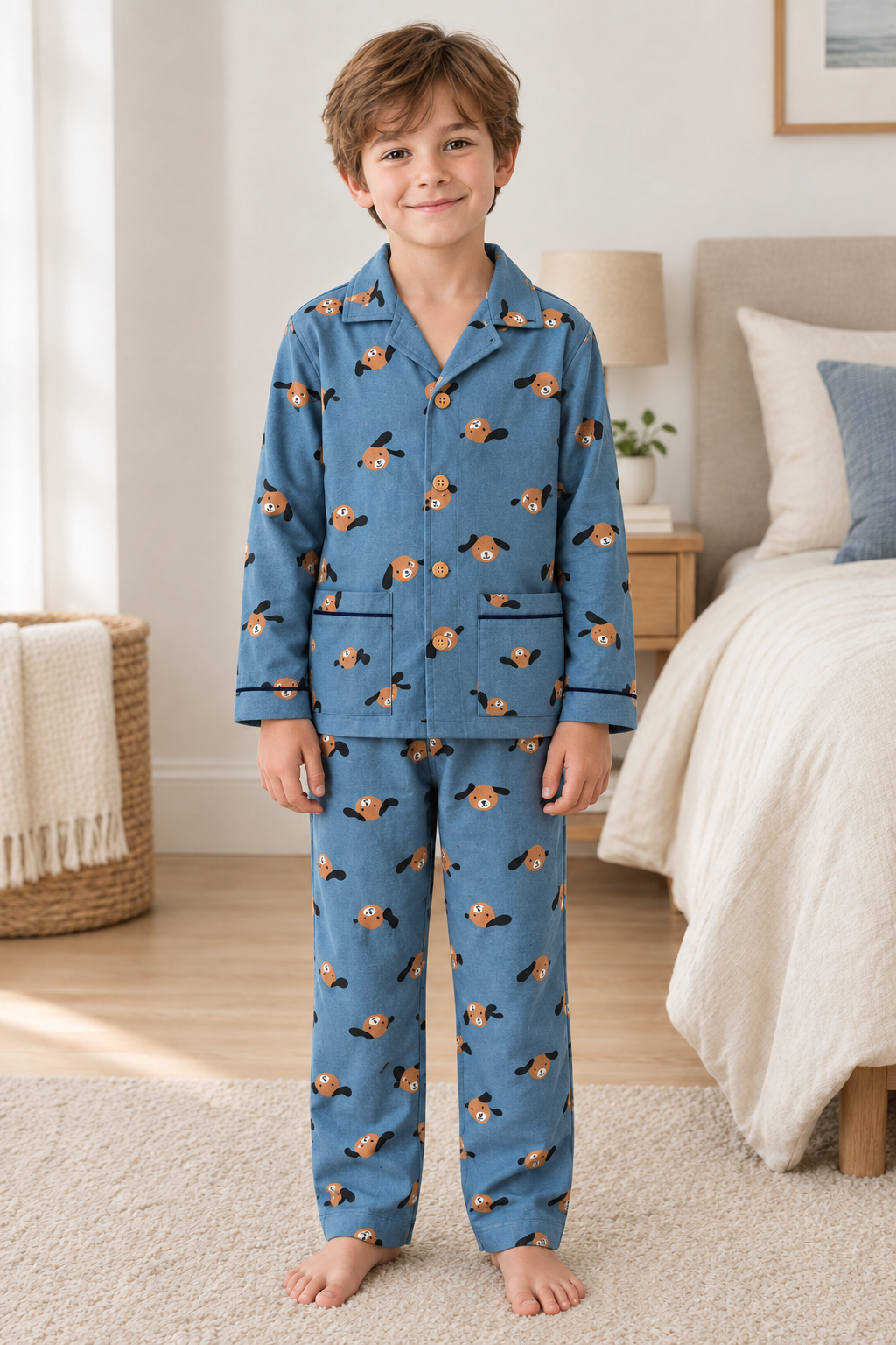 Jongen in blauwe pyjama met hondenprint, opgestikte zakken en donkere piping
