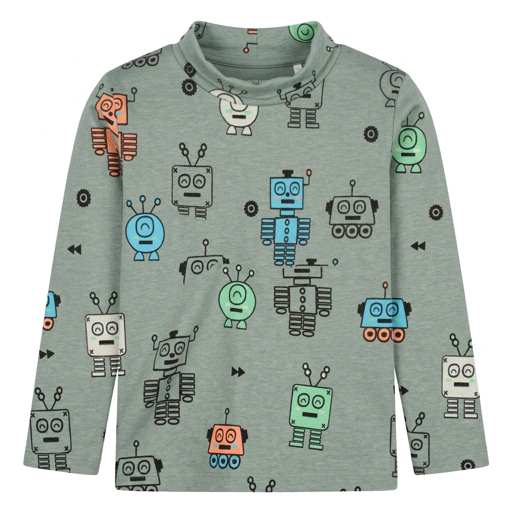Long sleeve Max met neon robotsprint in Mint, ghost mannequin met soepel opstaande halsboord