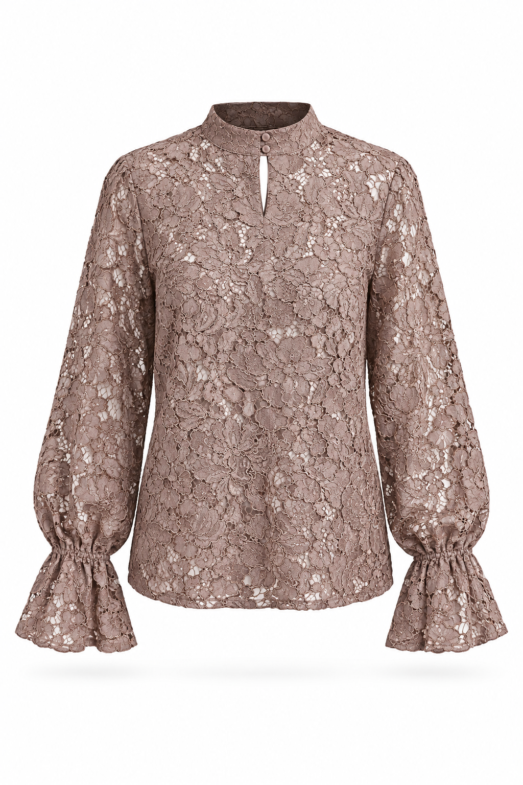Kanten blouse met bloemenkant, halsboord met twee knoopjes en elastische mouwen, ghost mannequin vooraanzicht