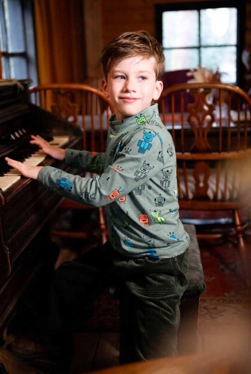 Jongen bij de piano met Long sleeve Max in Mint met neon robotsprint en soepel opstaande halsboord