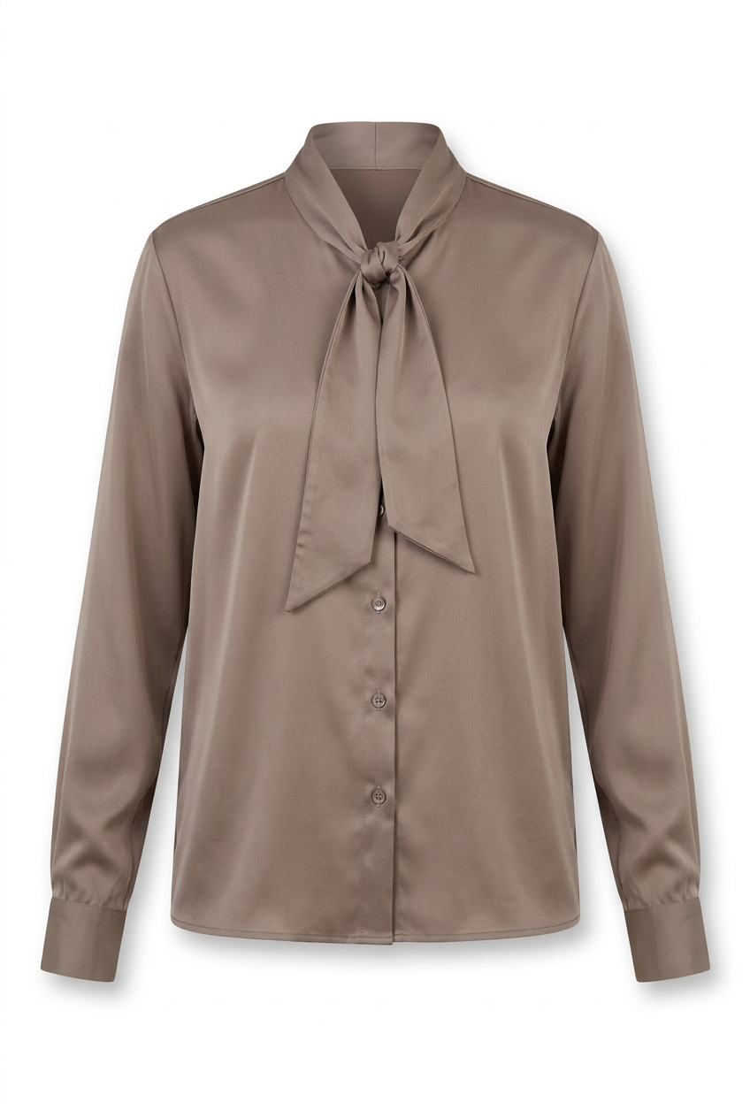 Satijnen blouse Esmée in taupe met striksluiting en lange mouwen, ghostmannequin vooraanzicht