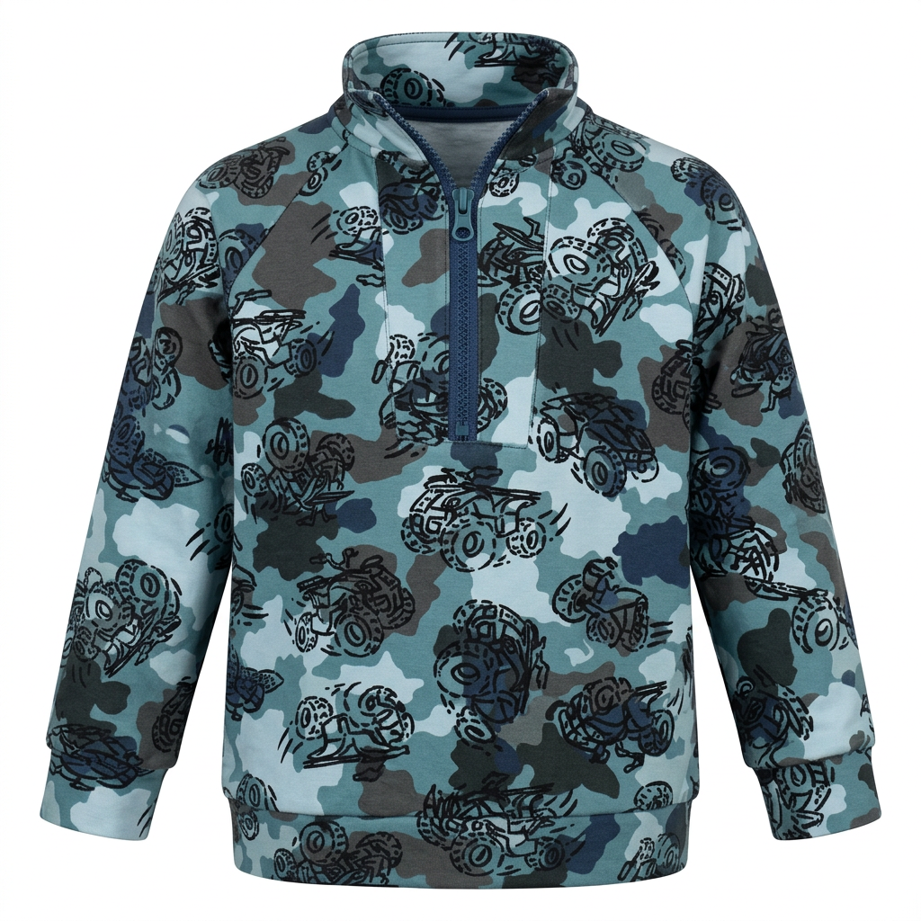 Blauwe kindersweater met camouflage- en truckprint, ghost mannequin voorzijde
