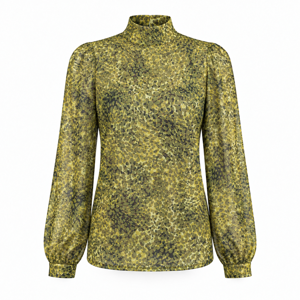Groene chiffon blouse met panterprint en glad aangezette halsbies, ghost mannequin vooraanzicht