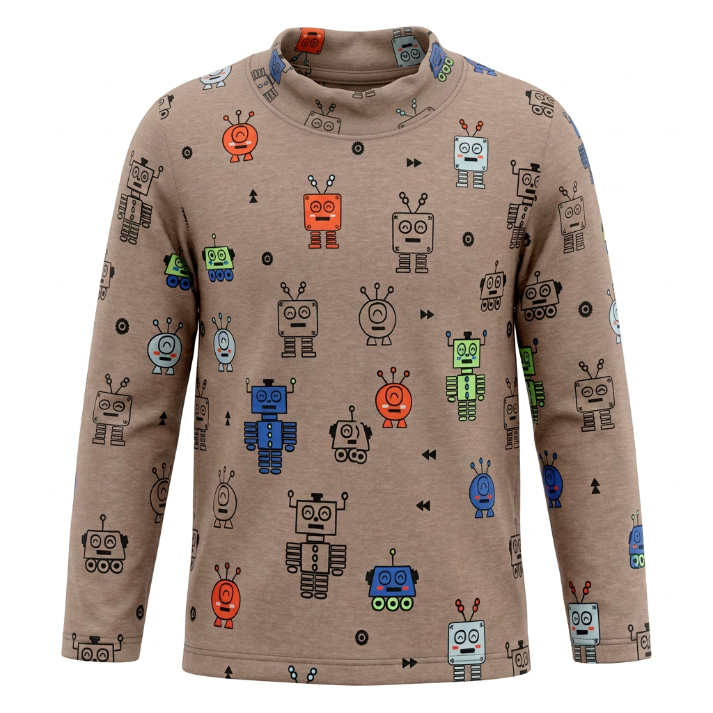 Long sleeve Max met neon robotsprint in Taupe, ghost mannequin met soepel opstaande halsboord