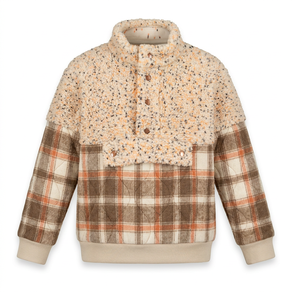 Anorak Benjamin met beige teddy bovenkant en geruite panelen, ghostmannequin op witte achtergrond