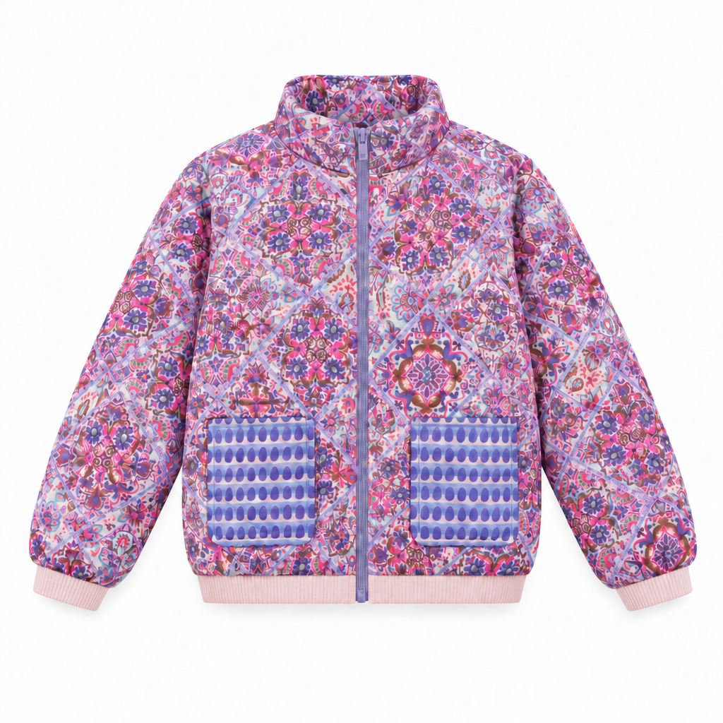 Blauw Alix meisjesjack op wit met effen lichtroze heupboord en mouwboorden