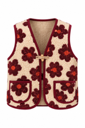 Gilet Harper met beige achtergrond en wijnrode bloemen, ghostmannequin vooraanzicht