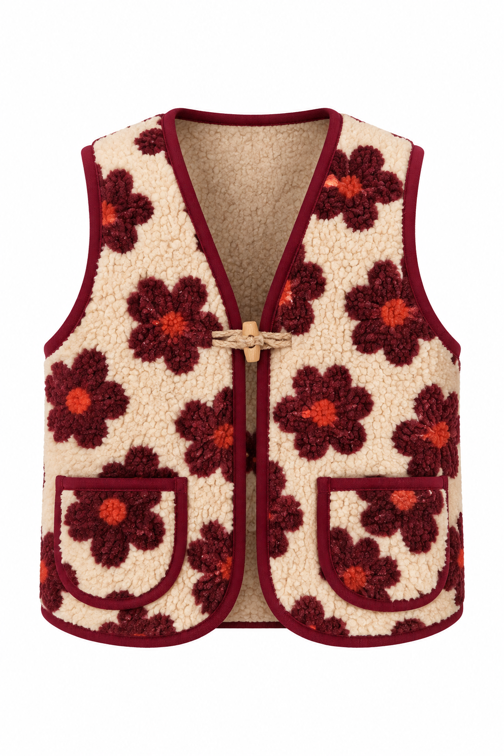 Gilet Harper met beige achtergrond en wijnrode bloemen, ghostmannequin vooraanzicht