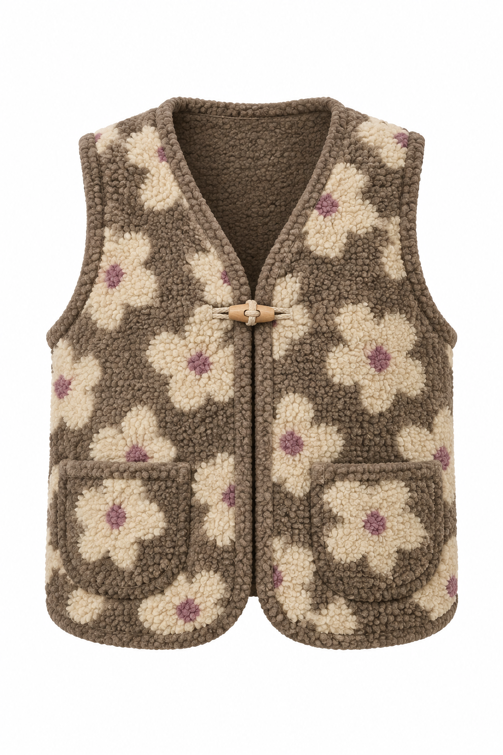 Gilet Harper met taupe achtergrond en beige bloemen, ghostmannequin vooraanzicht