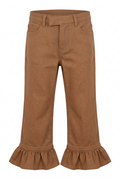 Meisjesjeans Denise in camel met verlengde tailleband en ruches onderaan de broekspijpen, vooraanzicht