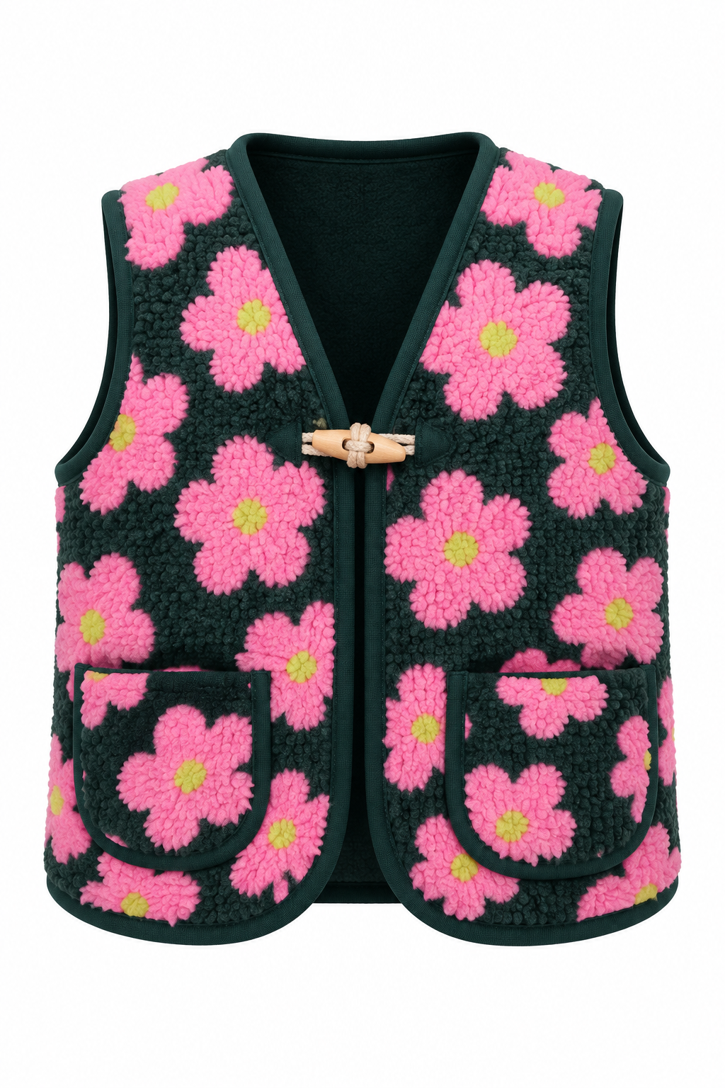 Gilet Harper met groene achtergrond en roze bloemen, ghostmannequin vooraanzicht